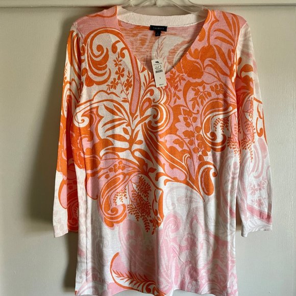 NWT Talbots Pink/Orange Paisley V Neck  3/4 Sleeve Pullover Cotton Sweater Top S - Picture 7 of 8
